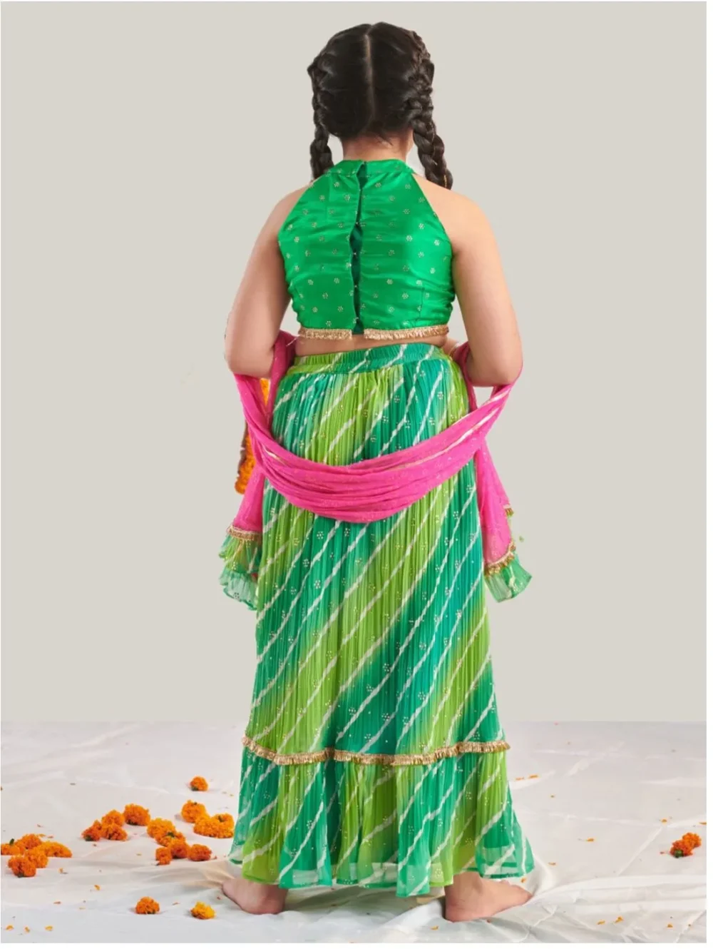 Green multicolor crinkle Lehenga Choli with Dupatta - Image 3