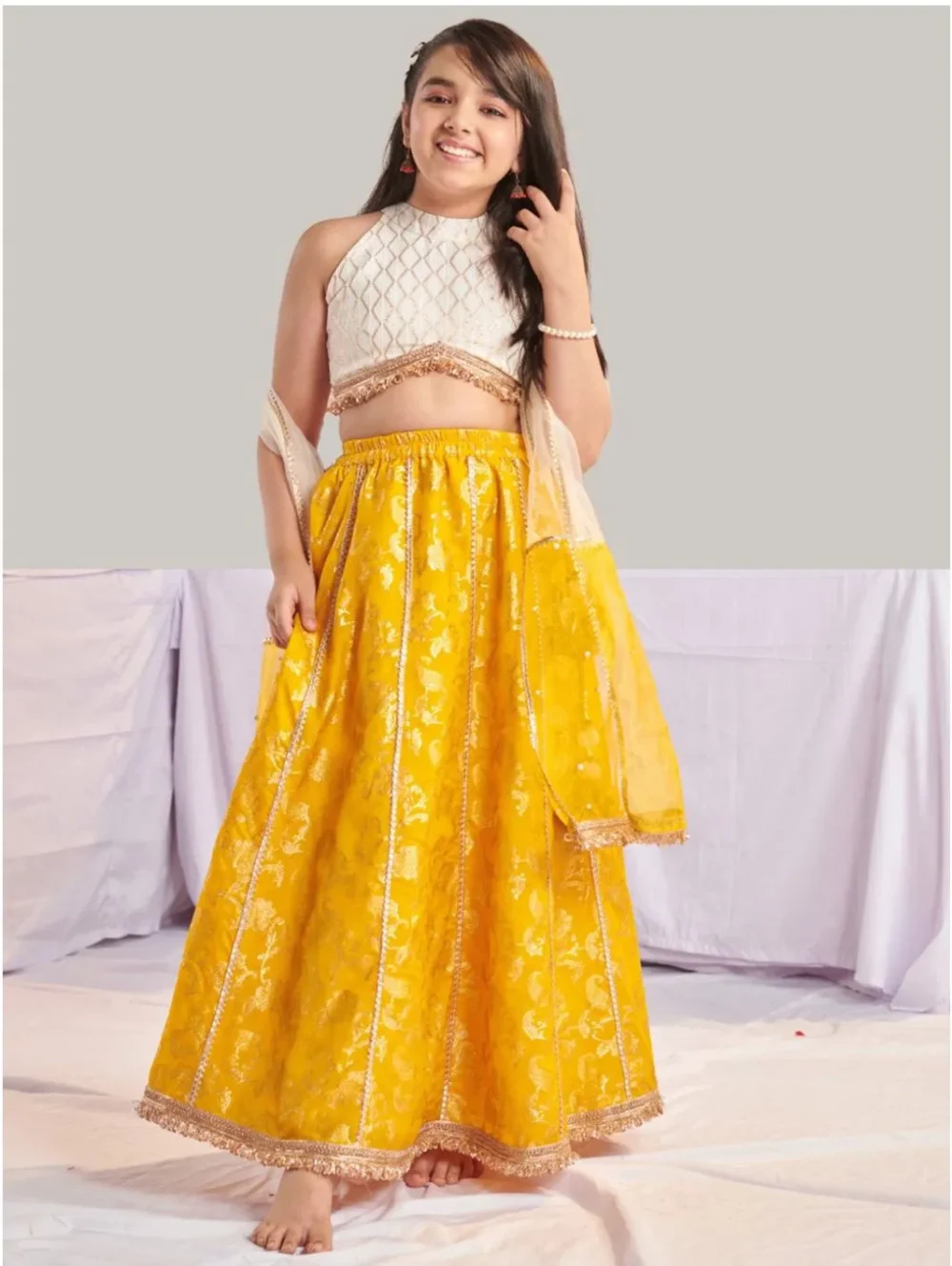 Off White and yellow Brocade Lehenga Choli with Dupatta