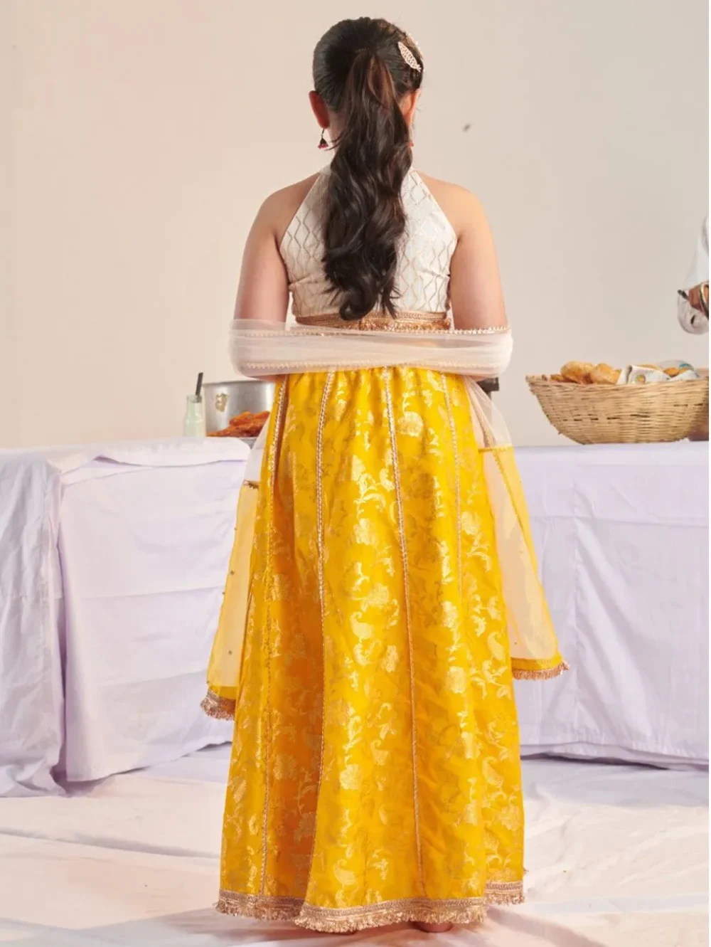 Off White and yellow Brocade Lehenga Choli with Dupatta - Image 2