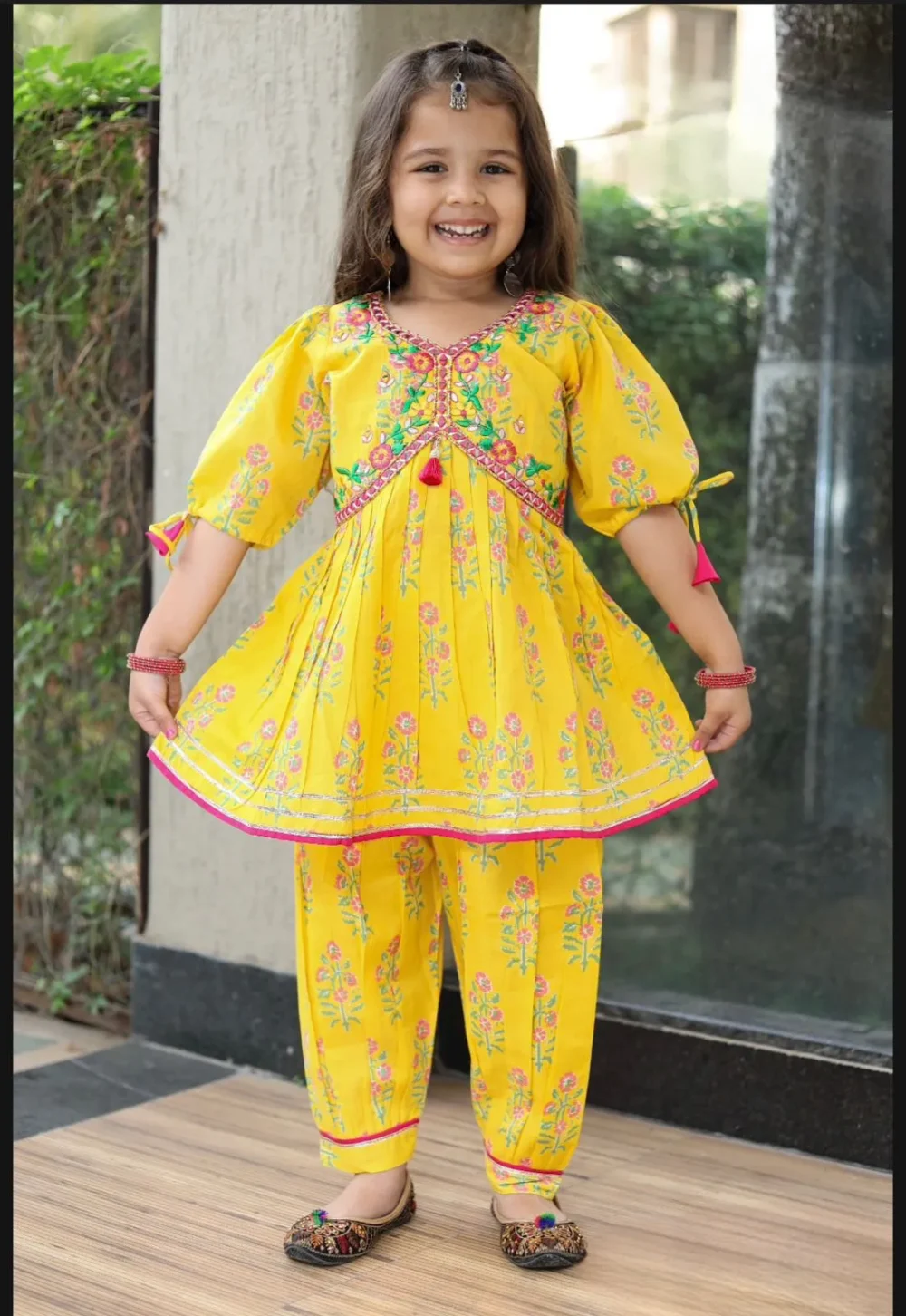 Yellow red embroidered Kurti with Salwar set