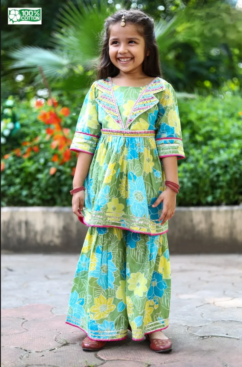 Blue green embroidered collar Kurti with Sharara set