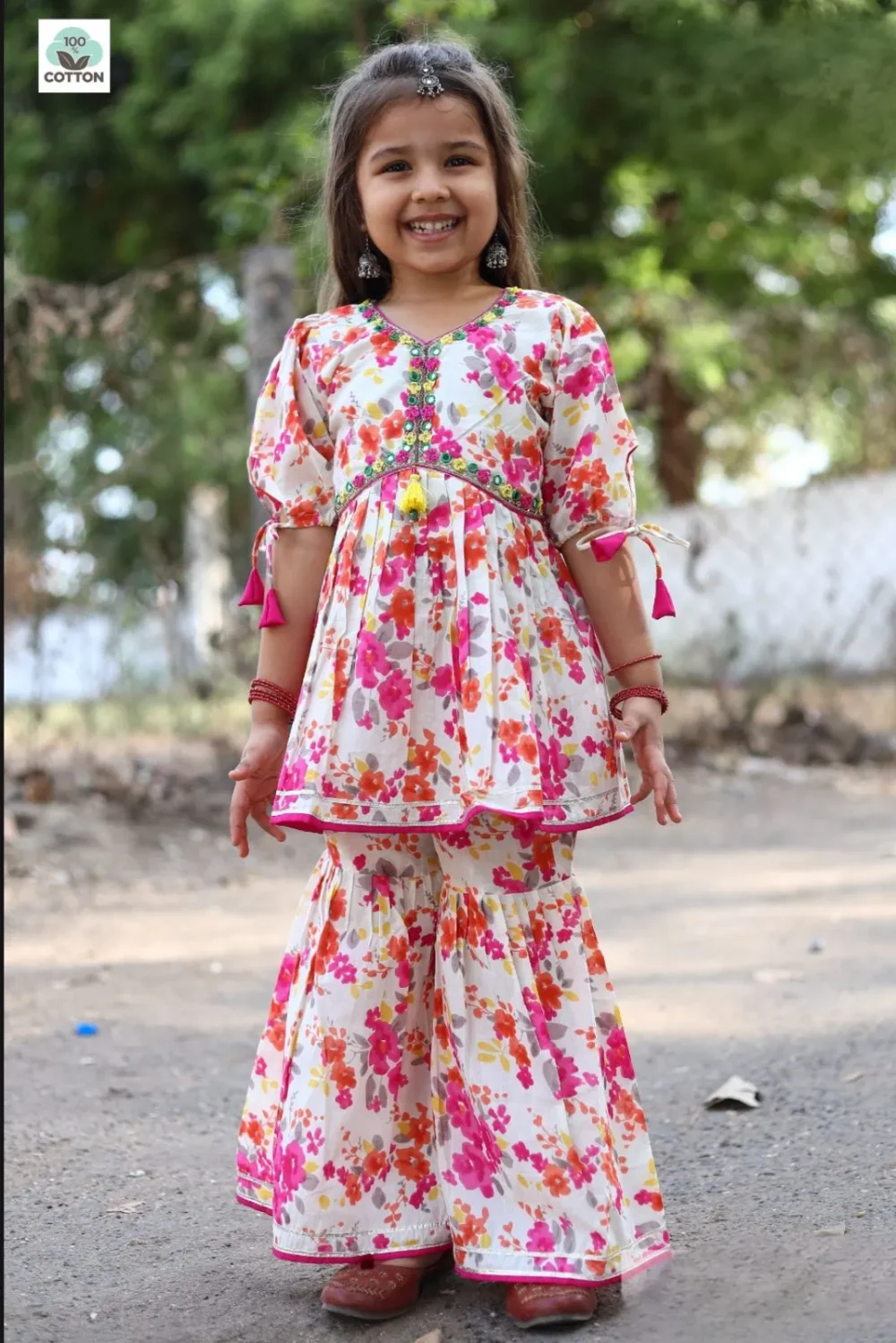 Pink and white embroidered Kurti with Sharara set