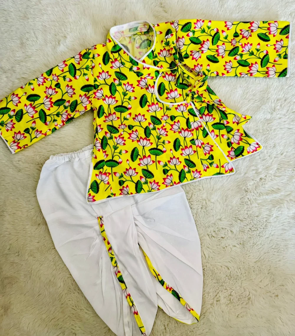 Balgopal lime yellow lotus print dhoti kurta set