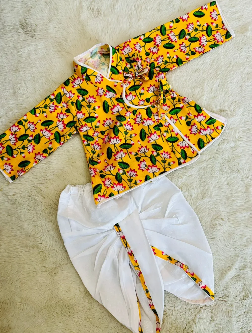 Balgopal yellow lotus print dhoti kurta set