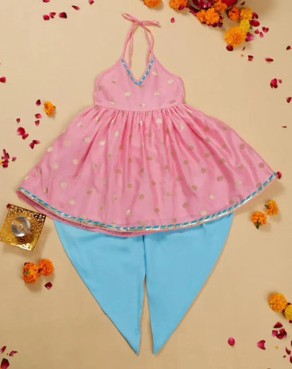 Pink and Blue Halter neck Kurta with Dhoti pants