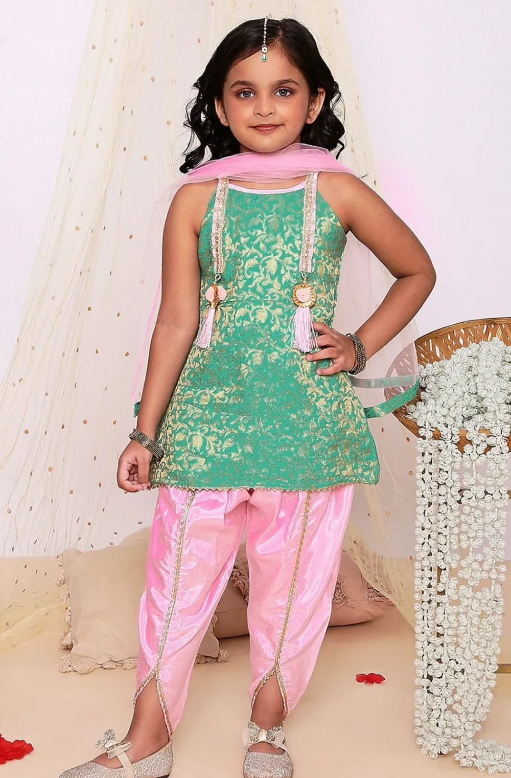 Green and pink Kurti with Dhoti pants and Dupatta