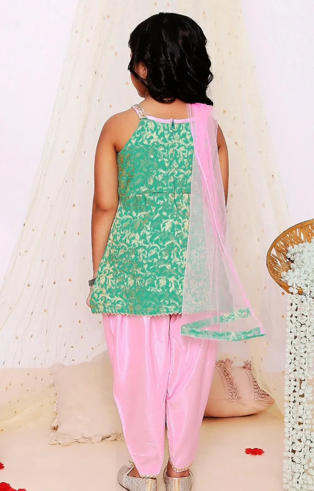 Green and pink Kurti with Dhoti pants and Dupatta - Image 4