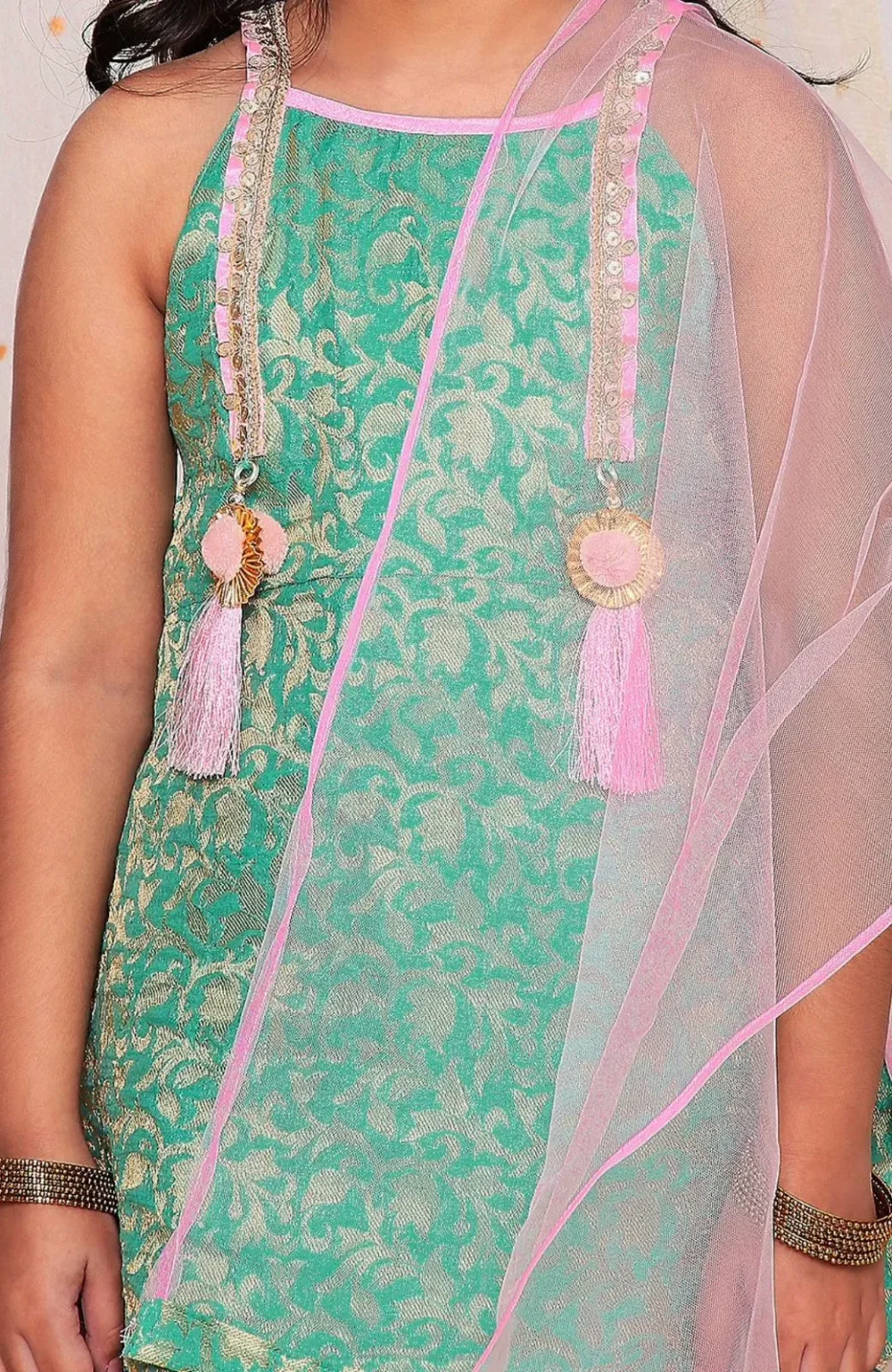 Green and pink Kurti with Dhoti pants and Dupatta - Image 3