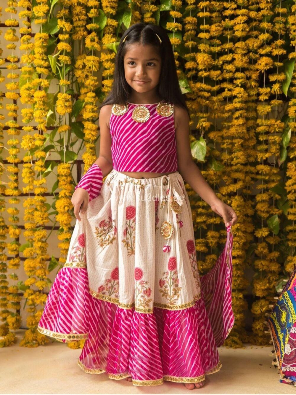 Pink block print skirt and leheriya Lehenga Choli set - Image 2