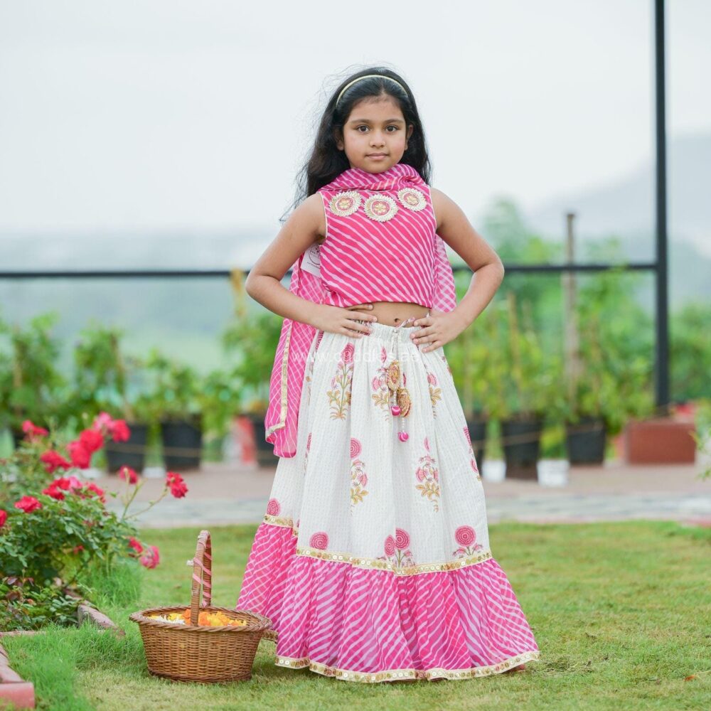 Pink block print skirt and leheriya Lehenga Choli set