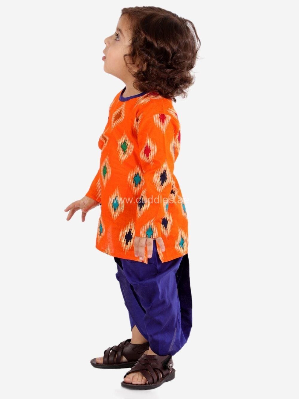 Bright Orange and purple Ikkat Dhoti Kurta set - Image 3