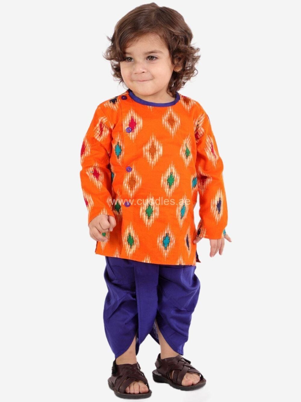 Bright Orange and purple Ikkat Dhoti Kurta set - Image 2