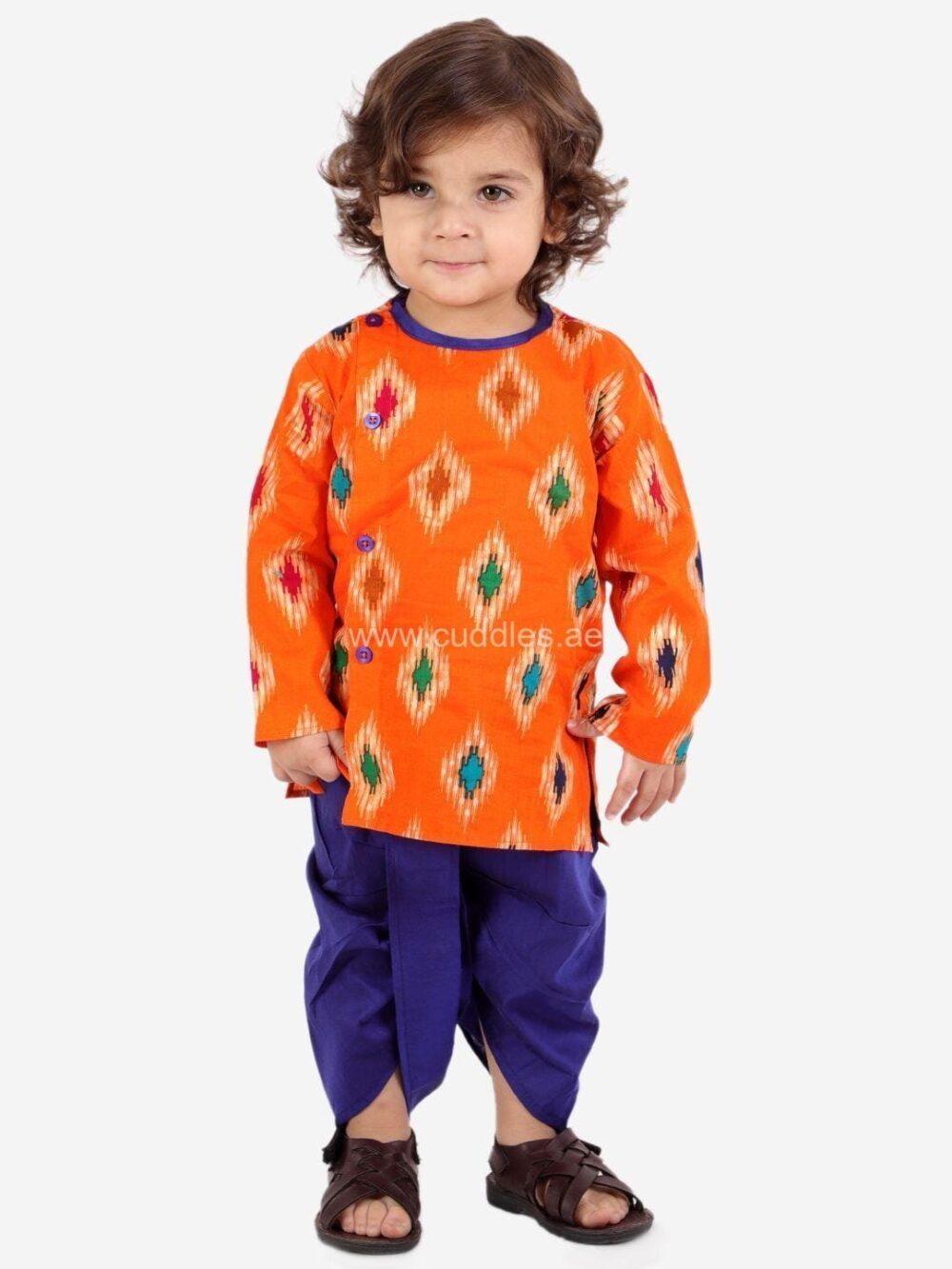 Bright Orange and purple Ikkat Dhoti Kurta set