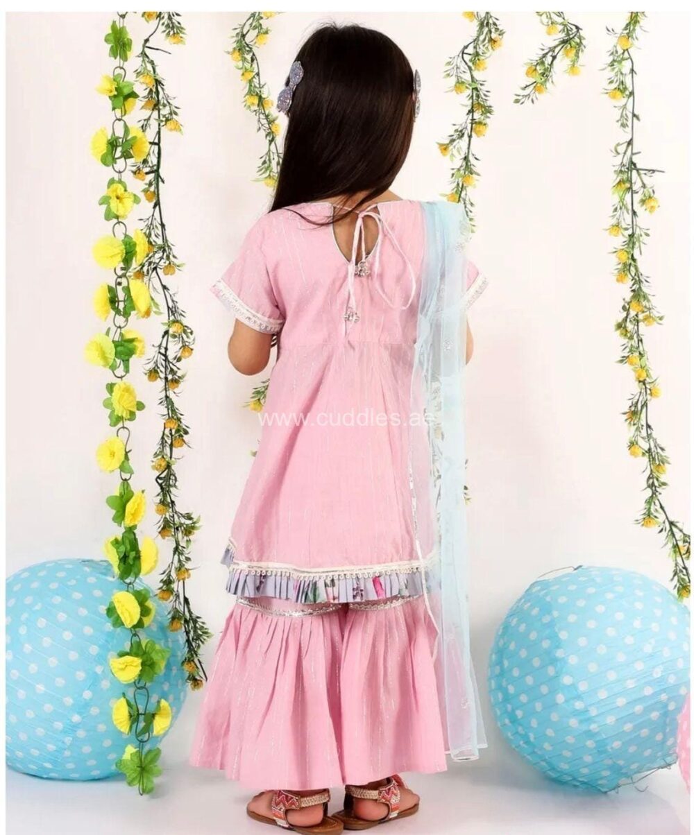 Powder pink and Grey Kurta with Sharara and Dupatta - Image 3