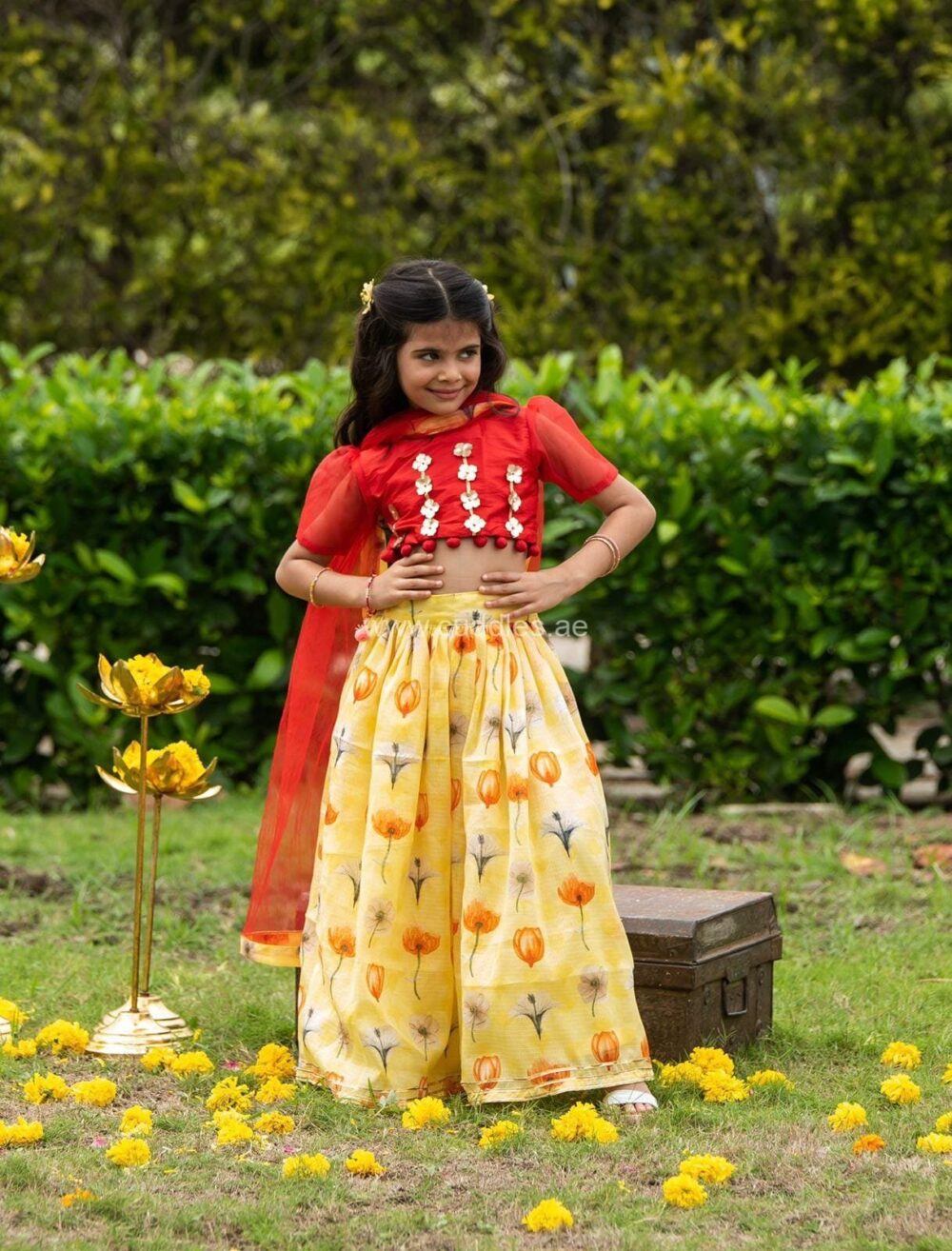 Red and Yellow Lehenga and Choli set with Dupatta