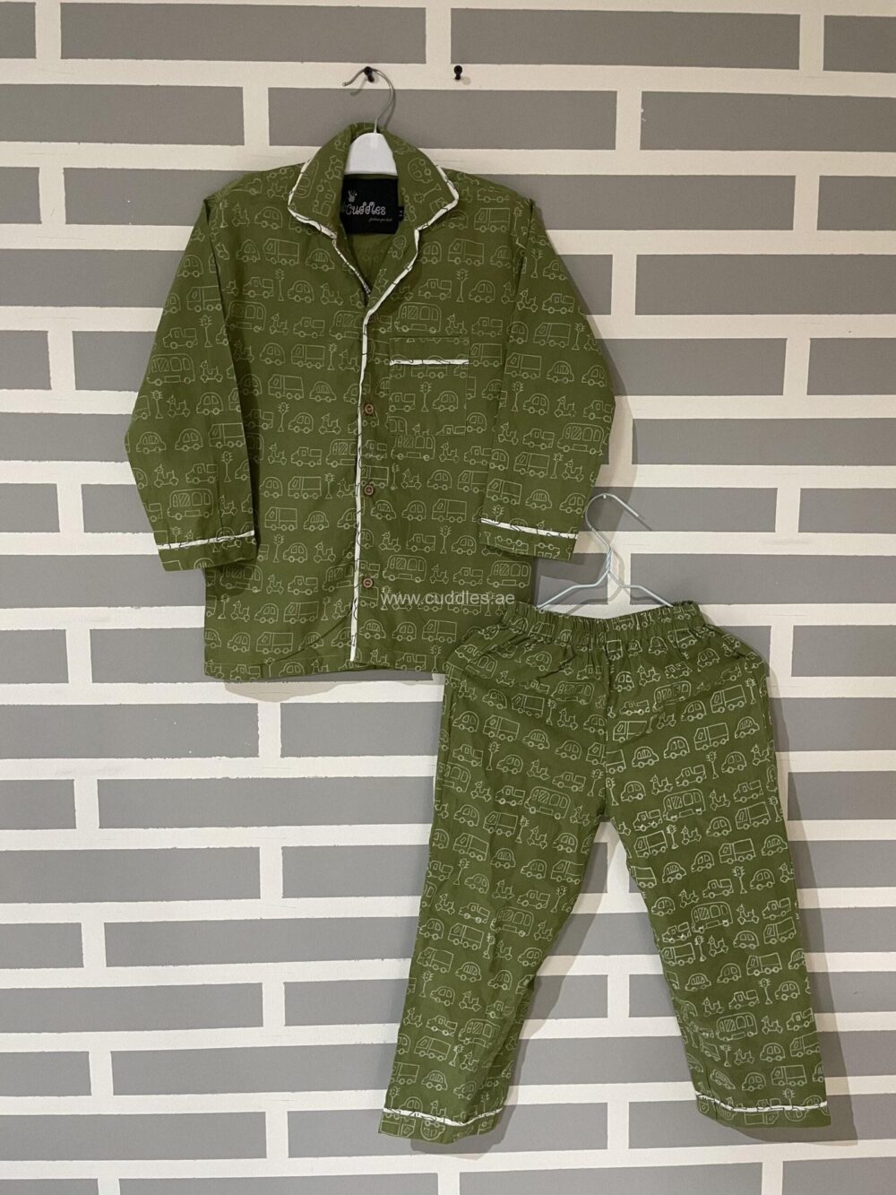 Olive green Car print Boy’s PJ set - Image 2