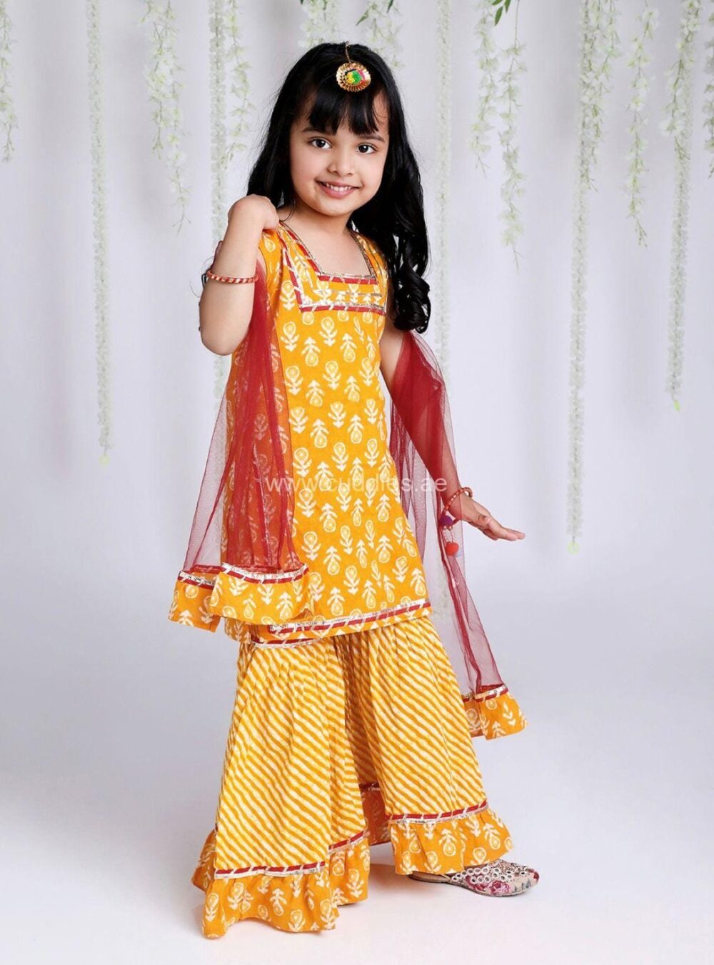 Yellow & Red Kurti with Sharara and Dupatta set - Image 3